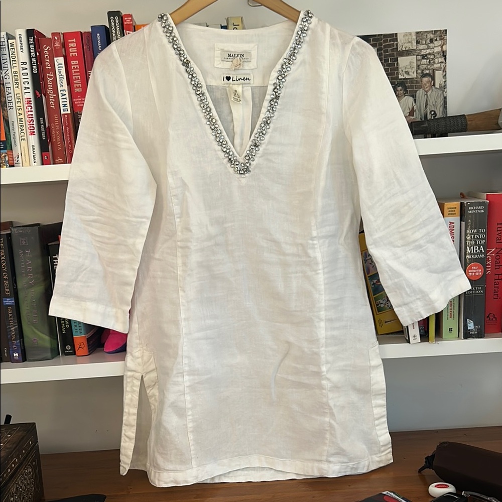 White Embellished Linen V-Neck Tunic